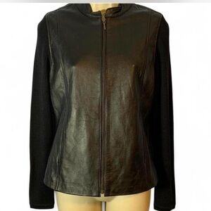 Jaclyn Smith Black Leather front Jacket with Knit Sleeves back circle neck M